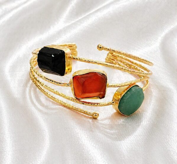 Black Onyx, Carnelian & Green Aventurine Trio Gold Cuff