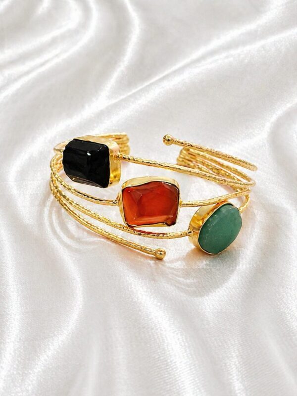 Black Onyx, Carnelian & Green Aventurine Trio Gold Cuff