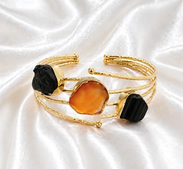 Black Onyx & Carnelian Trio Gold Cuff