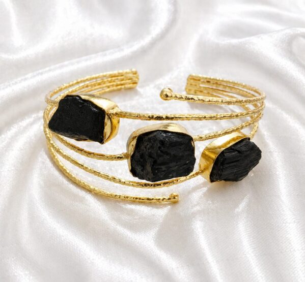 Black Onyx Raw Stone Gold Cuff