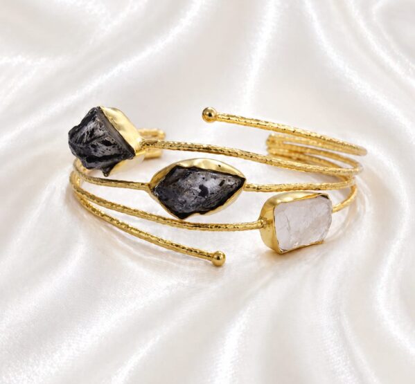 Black Tourmaline & Clear Quartz Trio Gold Cuff