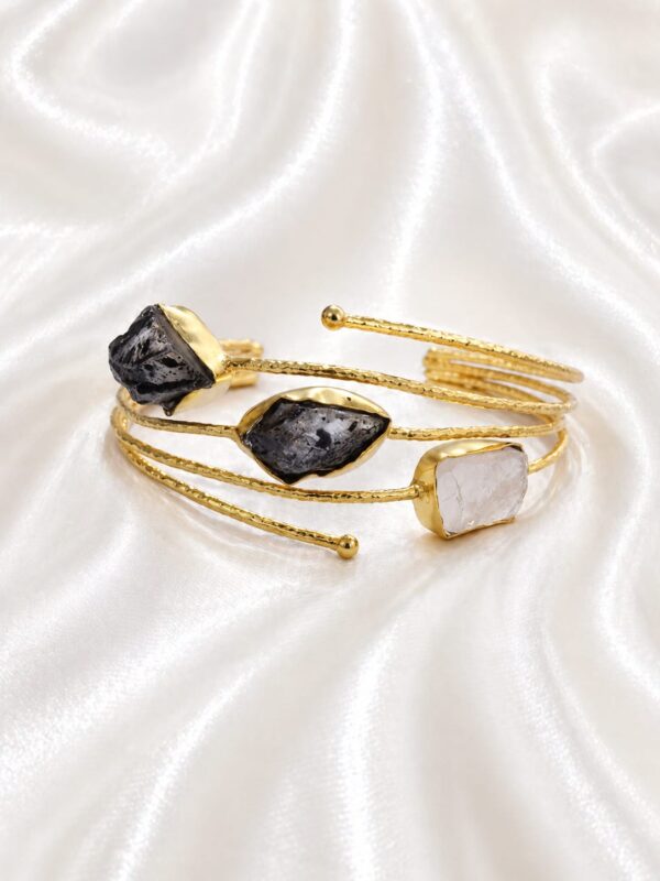 Black Tourmaline & Clear Quartz Trio Gold Cuff