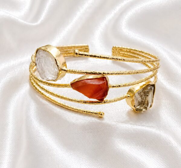 Carnelian, Lemon Quartz & Quartz Multi-Stone Gold Cuff