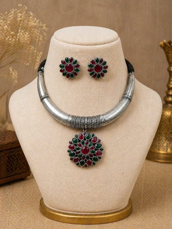 Classic Floral Oxidised Choker Set