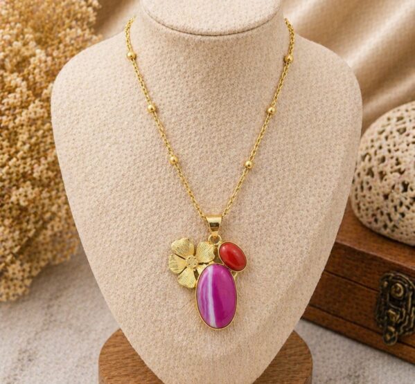 Floral Pink Stone Pendant Necklace