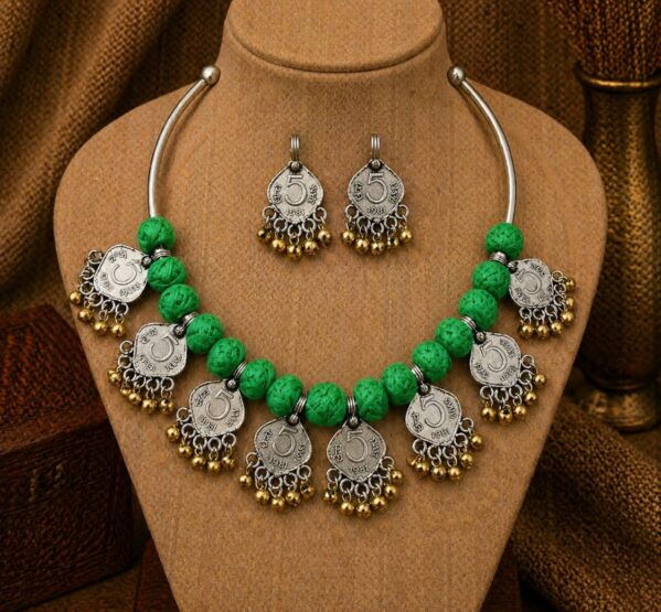 Green Coin Charm Tribal Hansli Set