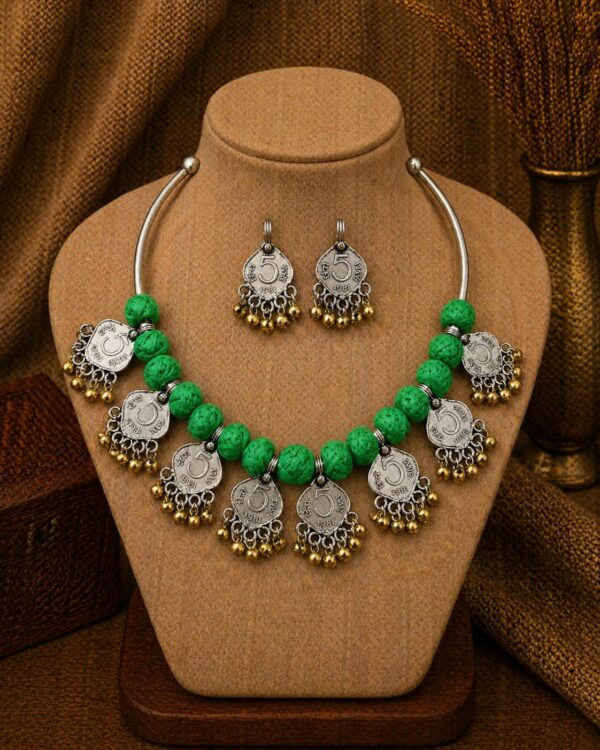 Green Coin Charm Tribal Hansli Set