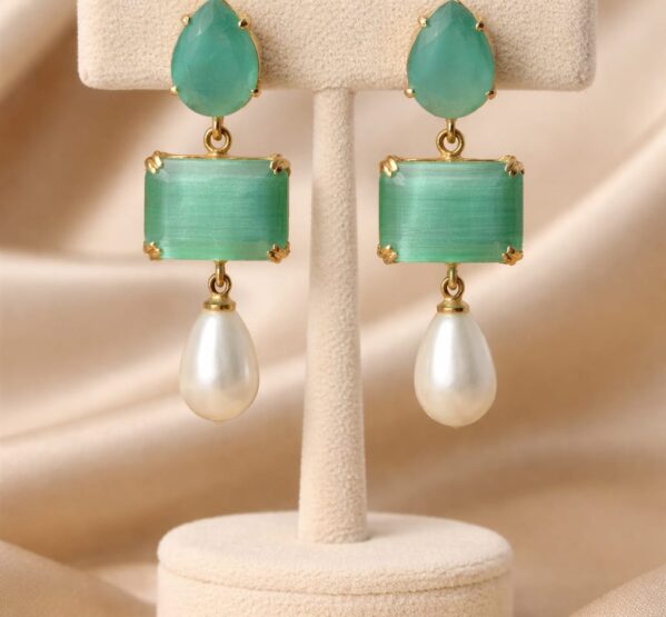Green Stone & Pearl Drop Earrings