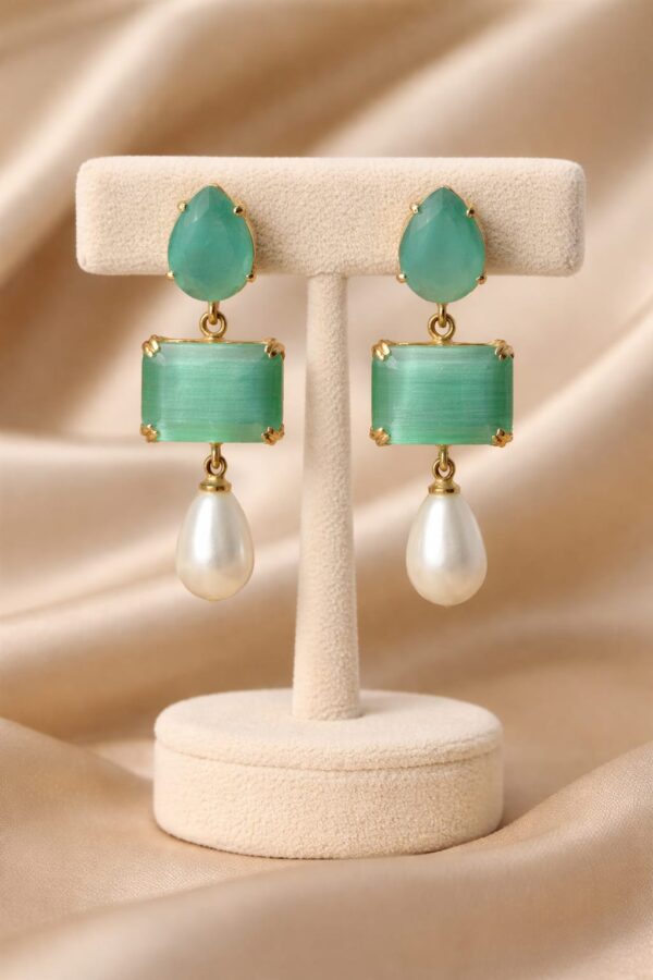 Green Stone & Pearl Drop Earrings