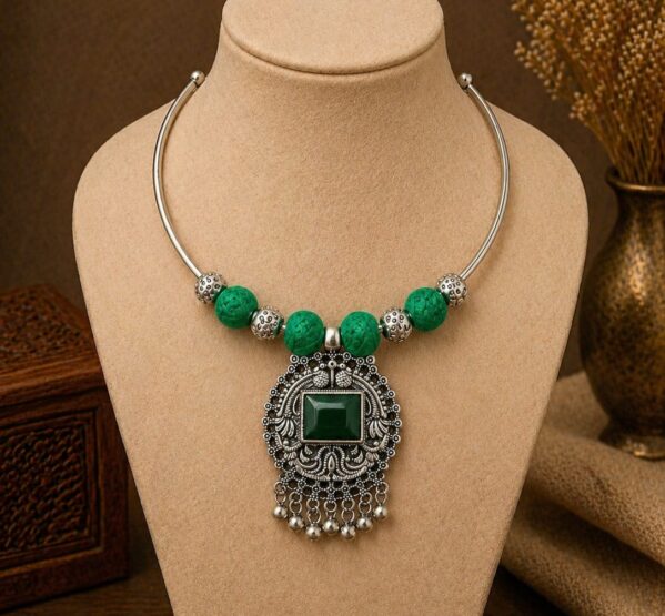 Green Stone Tribal Hansli Necklace