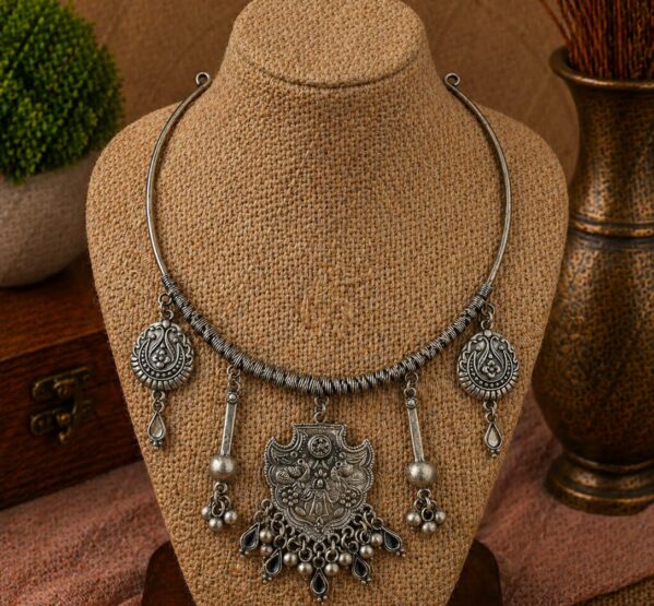 Oxidized Tribal Drop Pendant Hansli Necklace