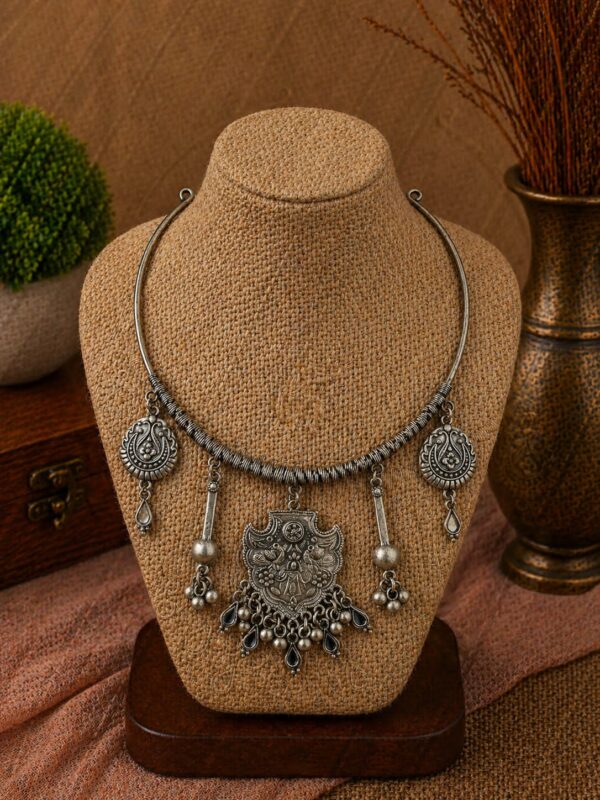 Oxidized Tribal Drop Pendant Hansli Necklace