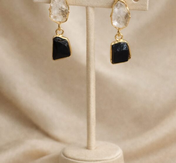 Raw Quartz & Black Stone Drop Earrings