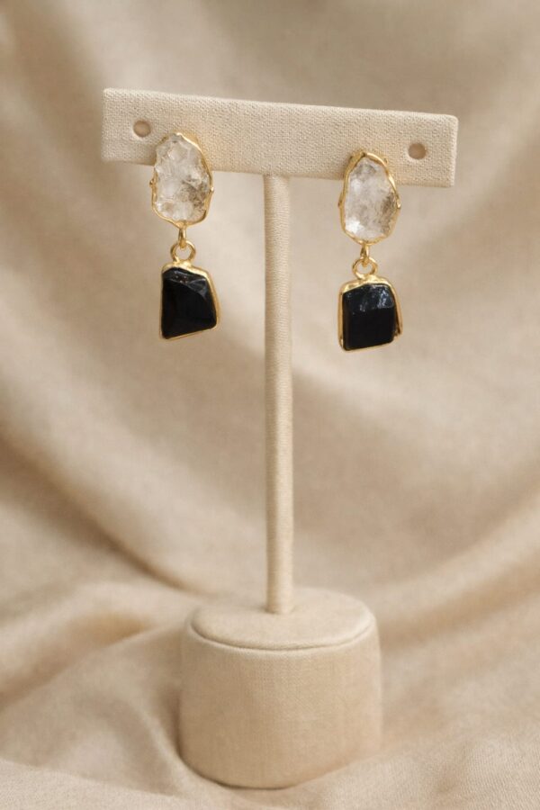 Raw Quartz & Black Stone Drop Earrings