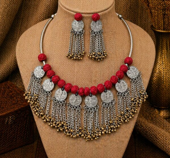 Red Beaded Coin Fringe Hansli Set