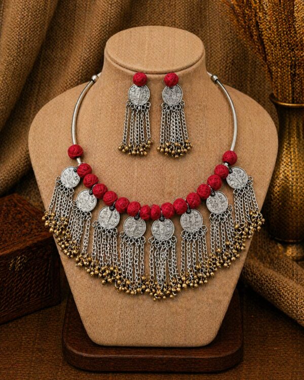 Red Beaded Coin Fringe Hansli Set