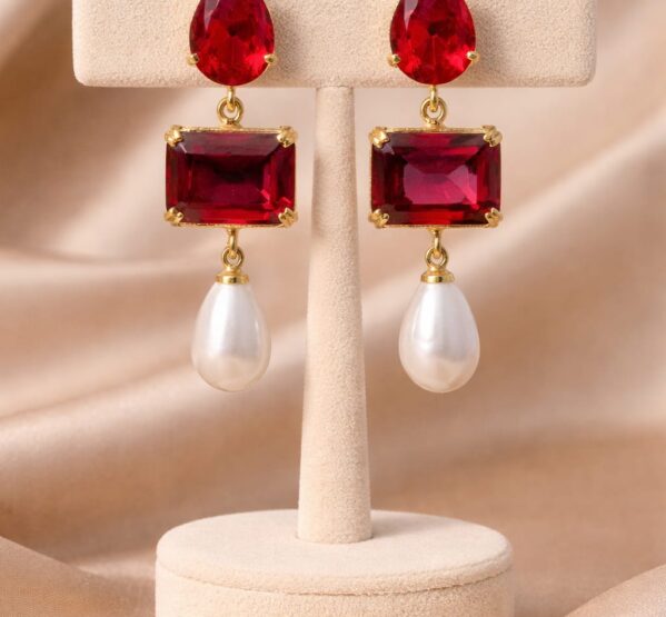 Ruby Red Stone & Pearl Drop Earrings