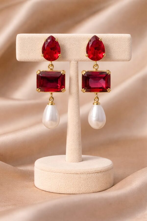 Ruby Red Stone & Pearl Drop Earrings