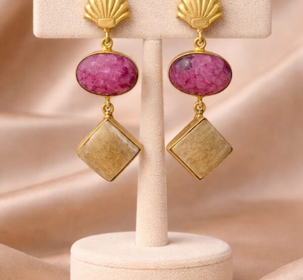 Shell Stud Pink Stone Drop Earrings