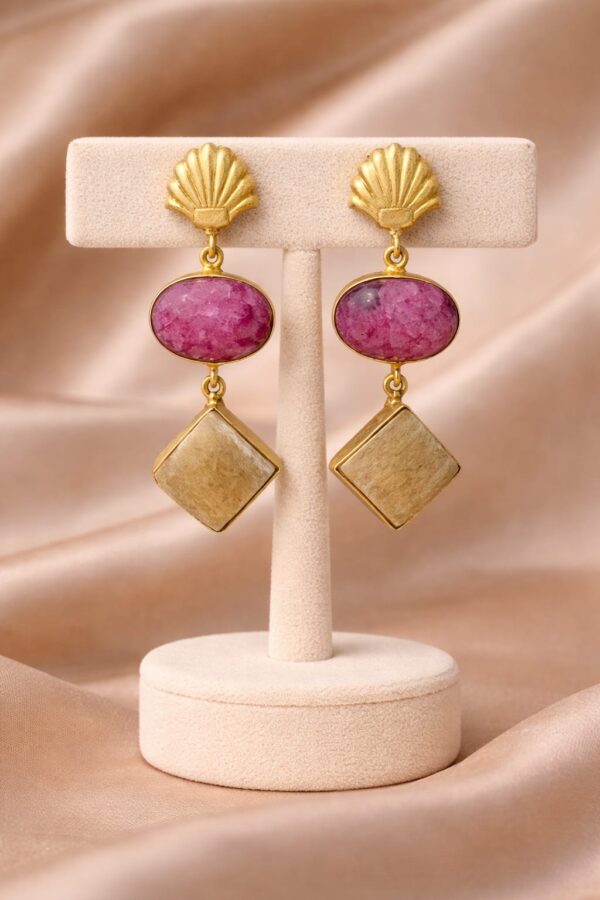 Shell Stud Pink Stone Drop Earrings