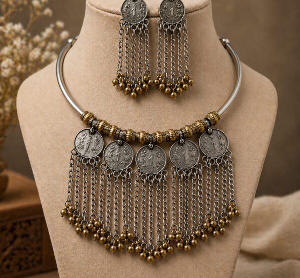 Vintage Coin Tassel Hansli Necklace Set