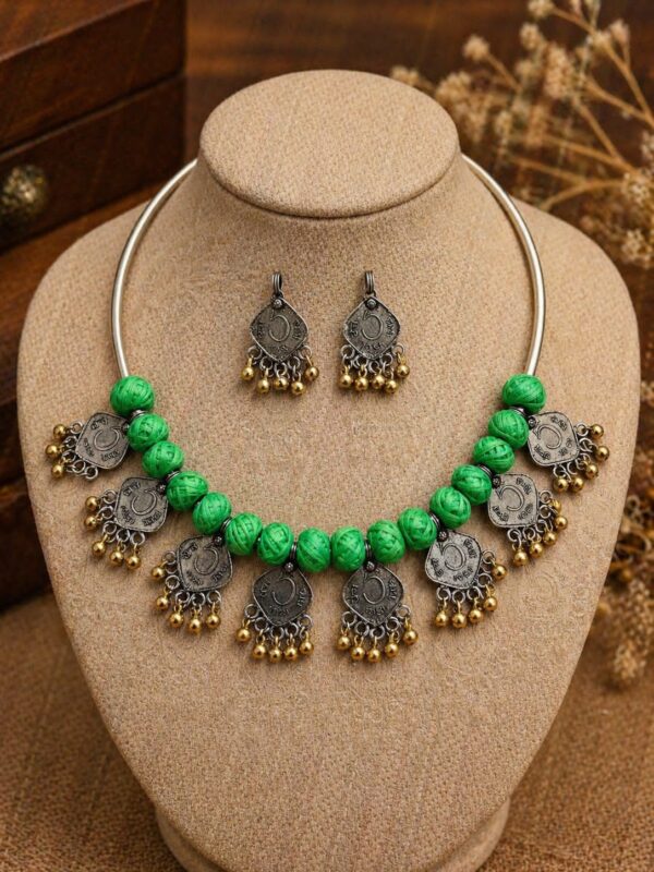 Green Coin Statement Hansli Necklace Set