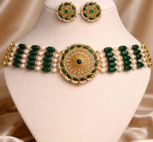 Gold Plated Green & White Pearl Choker Necklace Set.