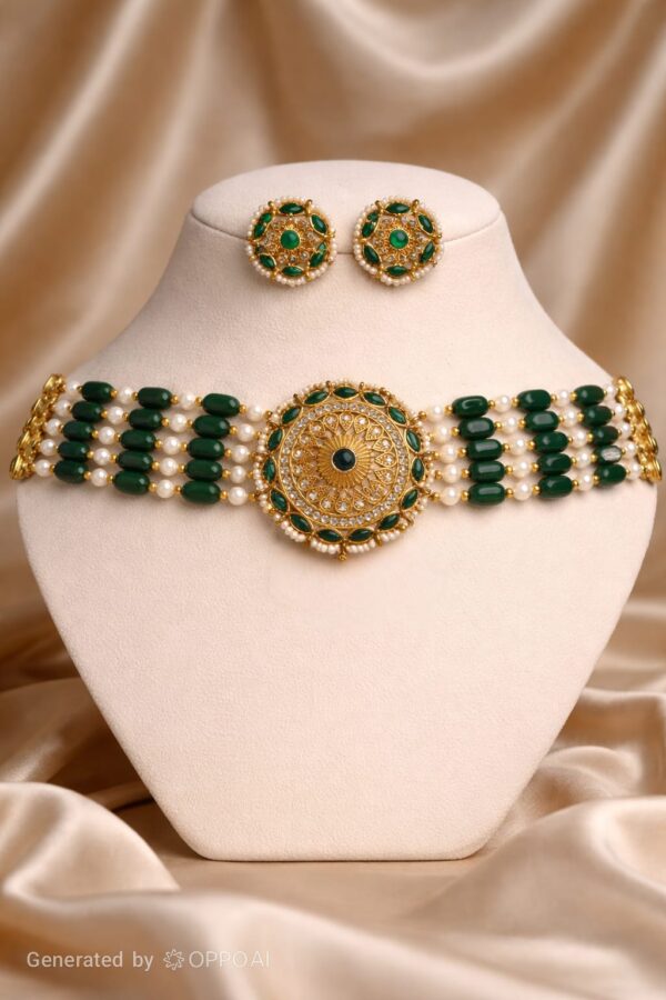 Gold Plated Green & White Pearl Choker Necklace Set.