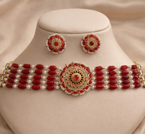 Red Kundan & Pearl Multi-Strand Choker Set