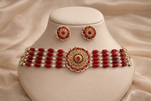 Red Kundan & Pearl Multi-Strand Choker Set