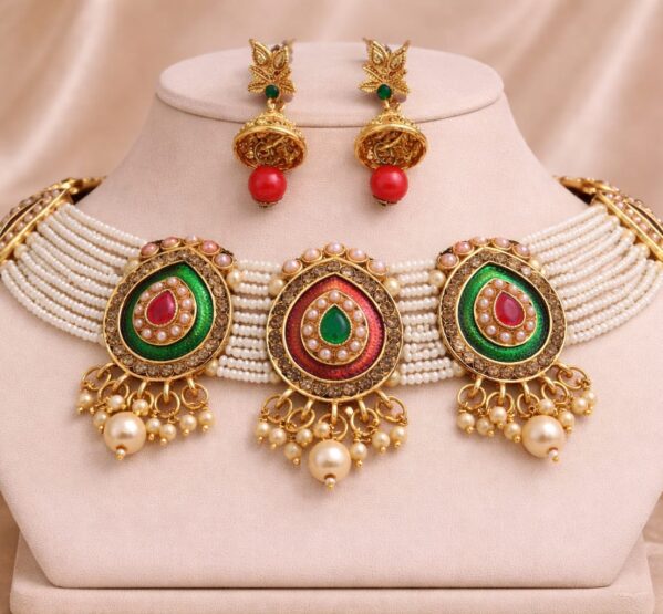 Meenakari Pearl Jhumka Choker Set