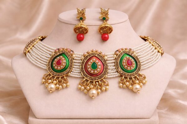 Meenakari Pearl Jhumka Choker Set