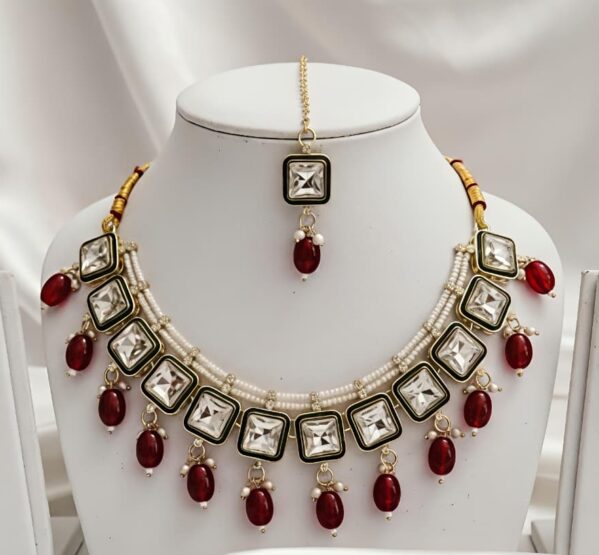 Polki Ruby Pearl Necklace Set with Maangtikka