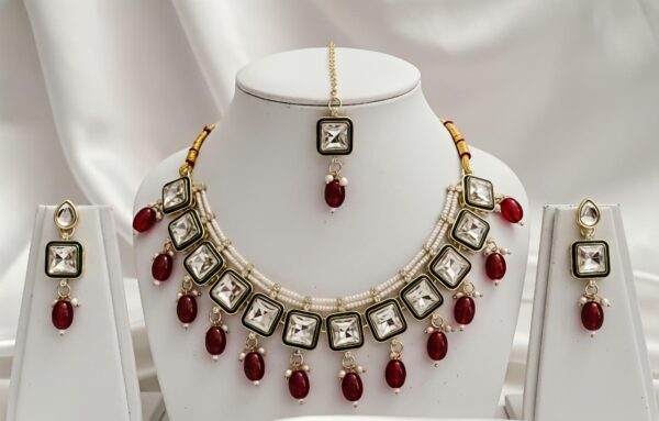 Polki Ruby Pearl Necklace Set with Maangtikka