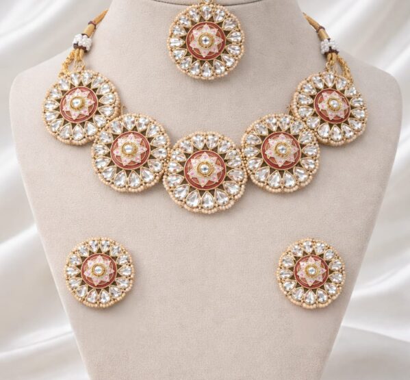 Pink Meenakari Polki Necklace Set with Maangtikka