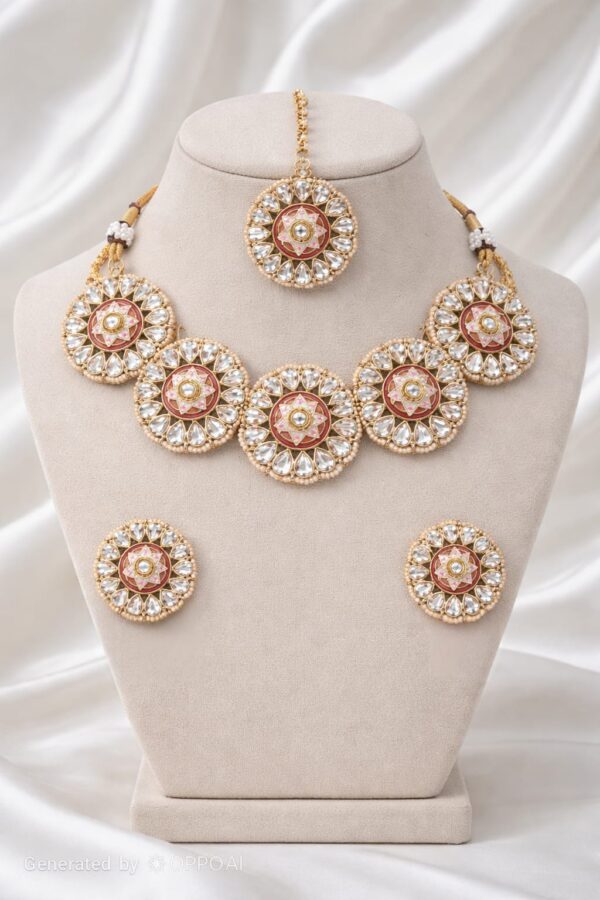 Pink Meenakari Polki Necklace Set with Maangtikka