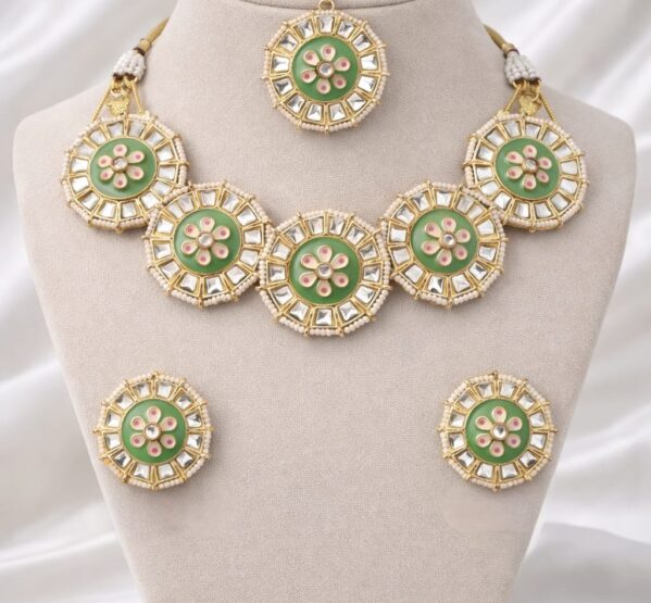 Green Meenakari Kundan Necklace Set with Maangtikka