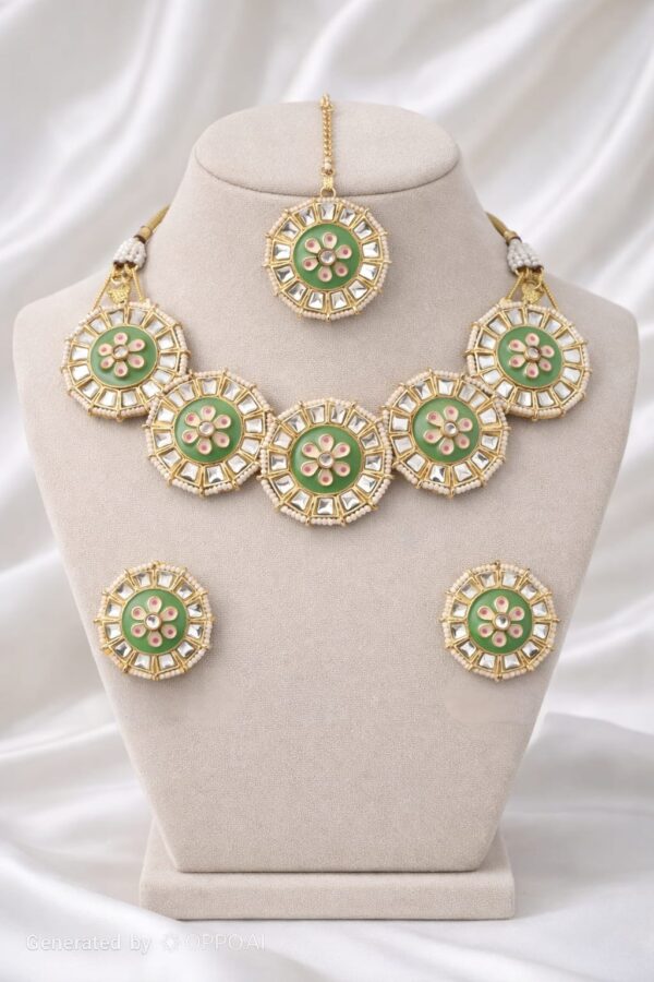 Green Meenakari Kundan Necklace Set with Maangtikka