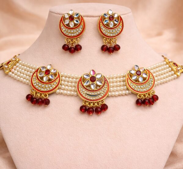 Red Crescent Kundan Pearl Choker Set