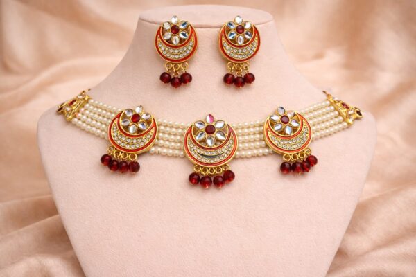 Red Crescent Kundan Pearl Choker Set