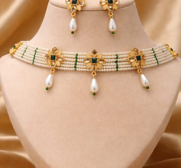 Emerald Floral Pearl Kundan Choker Set