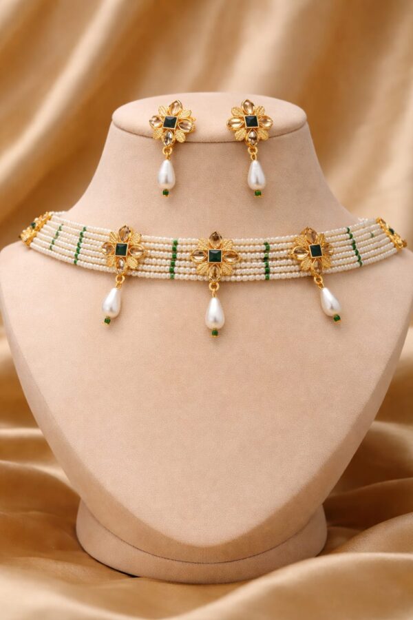 Emerald Floral Pearl Kundan Choker Set