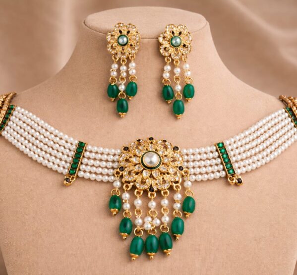 Royal Pearl Kundan Floral Choker Set with Emerald Drops