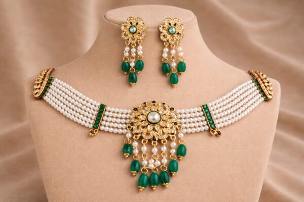 Royal Pearl Kundan Floral Choker Set with Emerald Drops