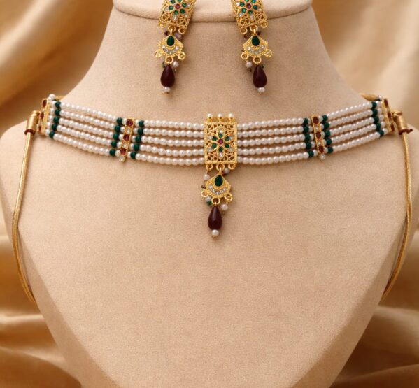 Pearl Kundan Choker Set with Ruby Drops