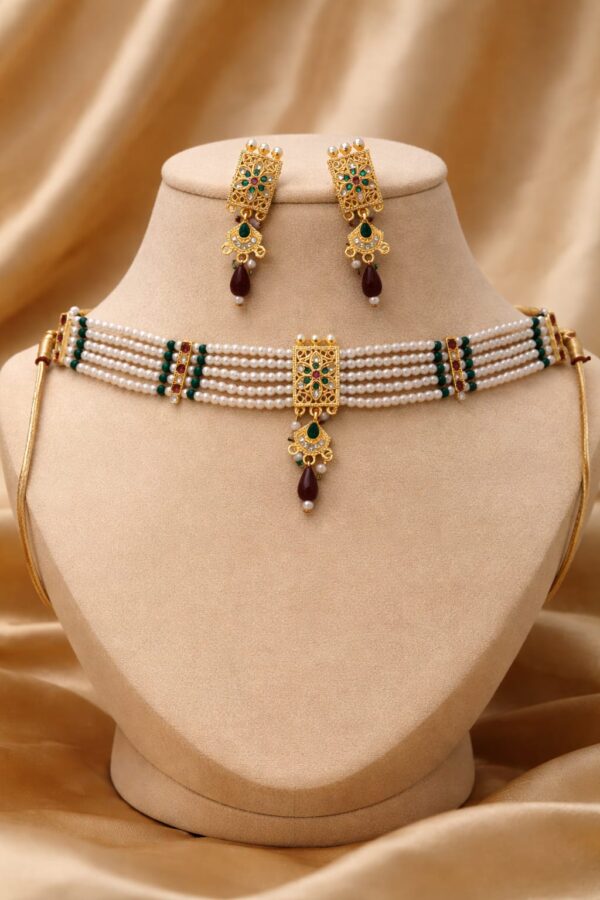 Pearl Kundan Choker Set with Ruby Drops