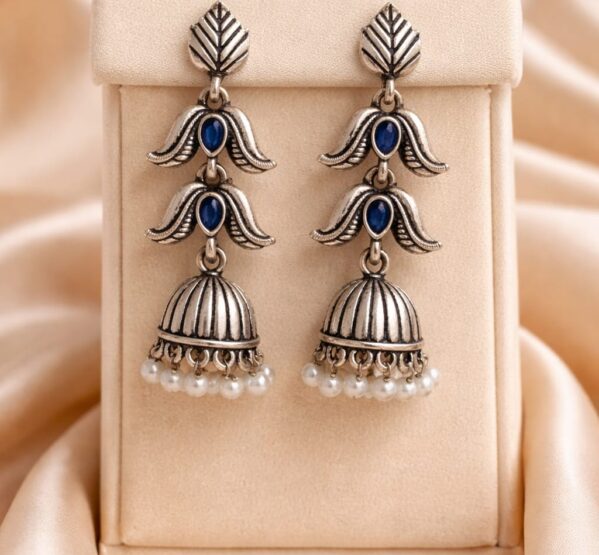 Royal Blue Stone Oxidised Jhumka Earrings