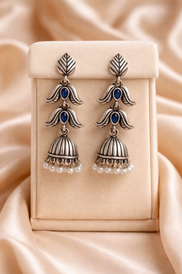 Royal Blue Stone Oxidised Jhumka Earrings