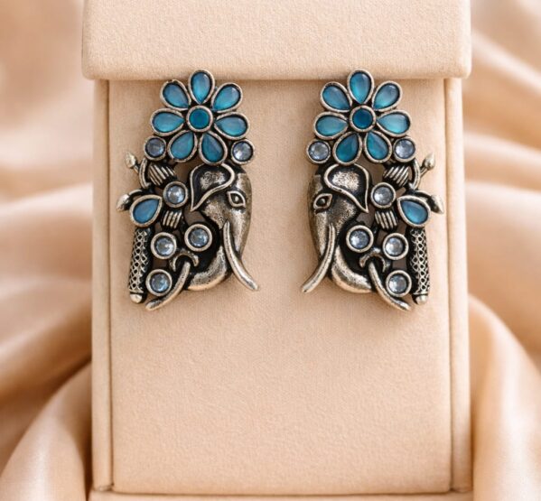 Turquoise Elephant Oxidised Stud Earrings
