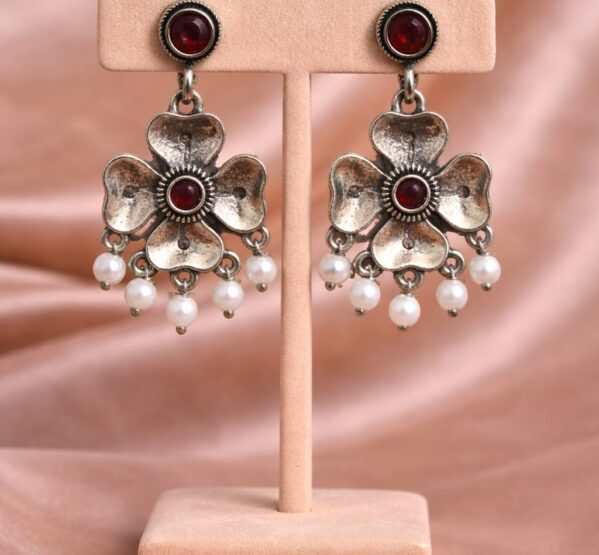 Ruby Floral Pearl Drop Earrings
